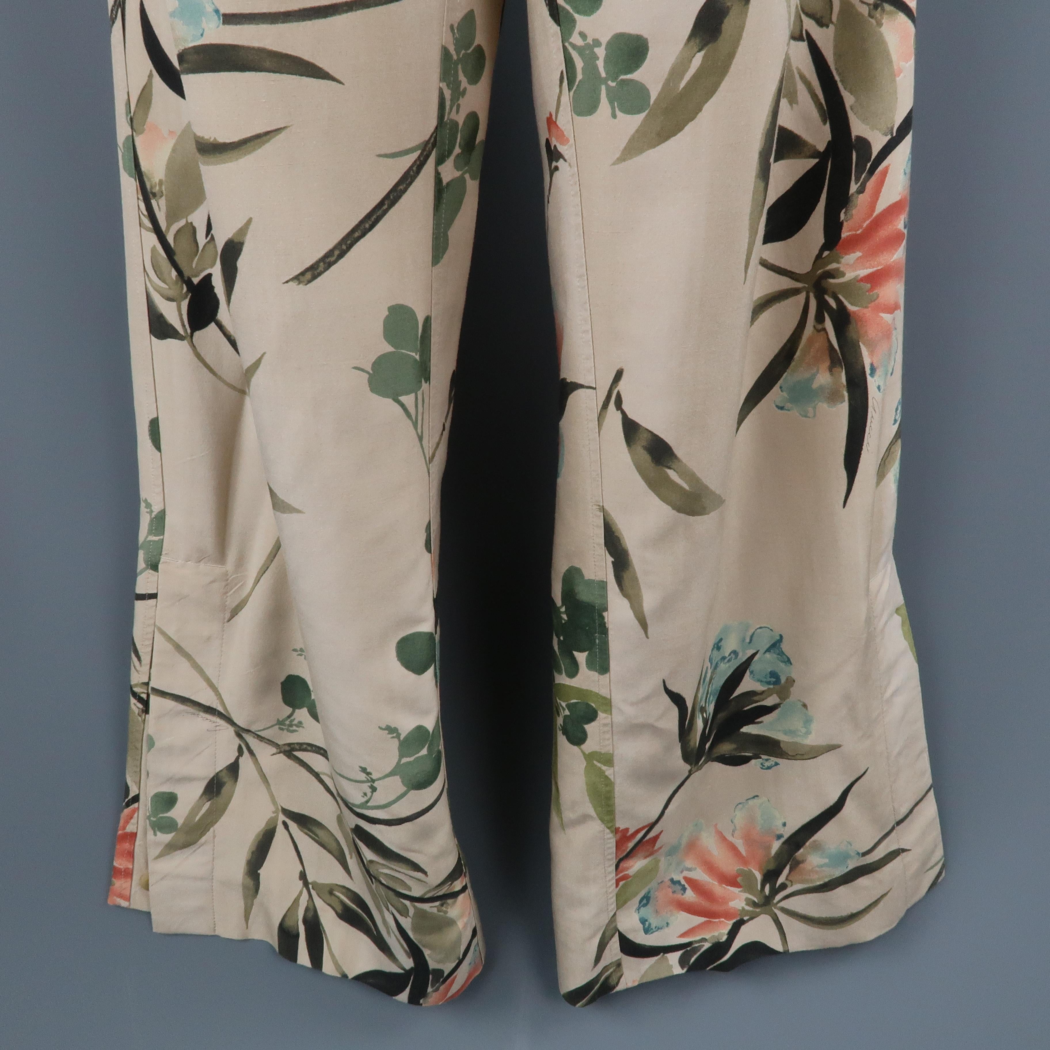 Brown Men's GUCCI by TOM FORD Size S Khaki Floral Silk Pleated Trousers / Pants