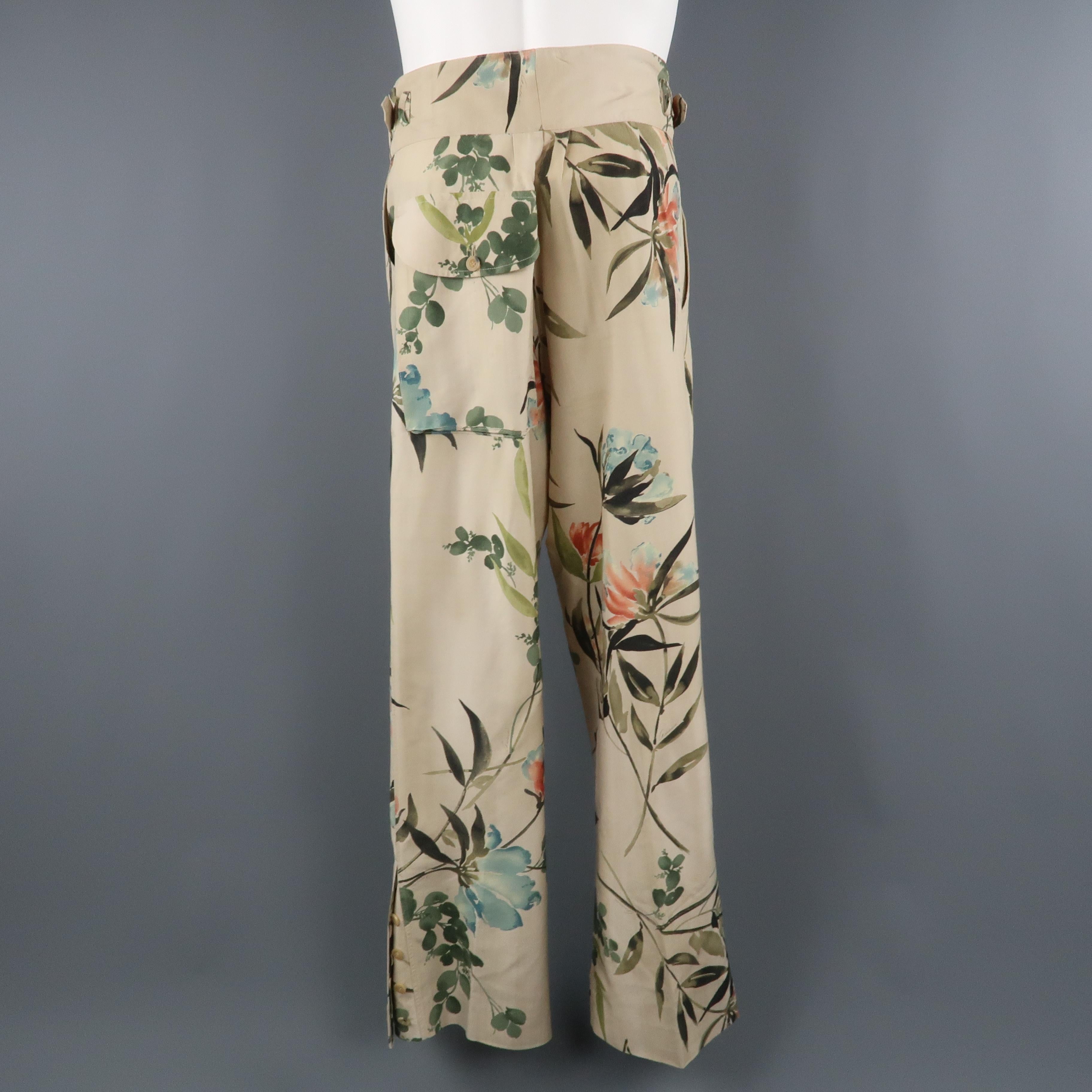 Men's GUCCI by TOM FORD Size S Khaki Floral Silk Pleated Trousers / Pants 2