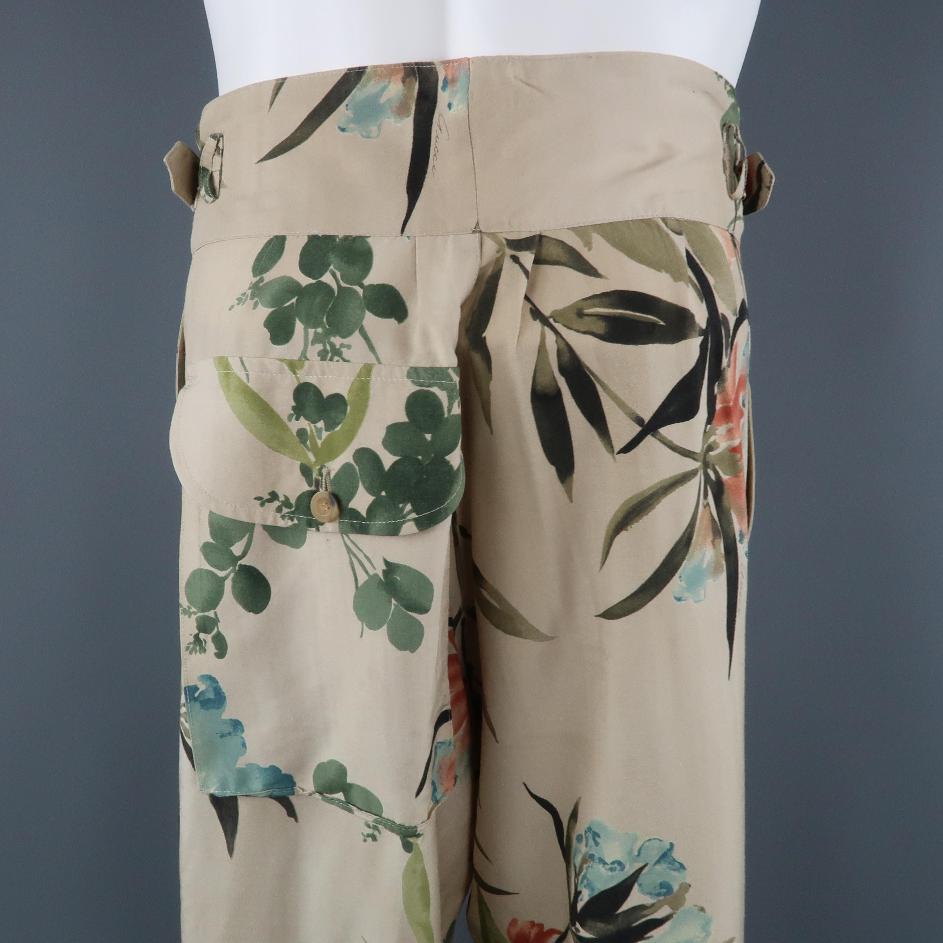 Men's GUCCI by TOM FORD Size S Khaki Floral Silk Pleated Trousers / Pants 3