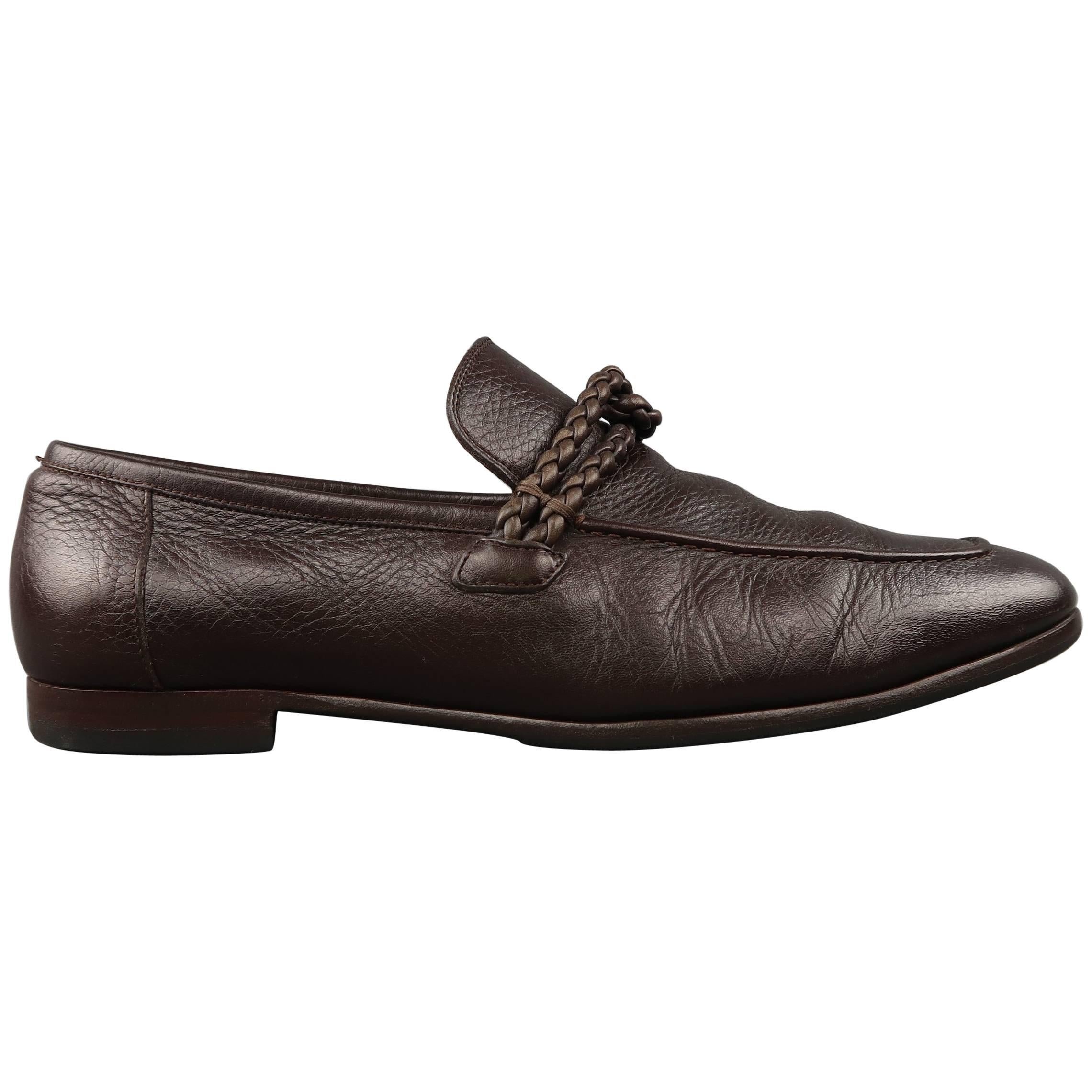 Men
s GUCCI Size 10 Brown Textured Leather Braided Strap Loafers