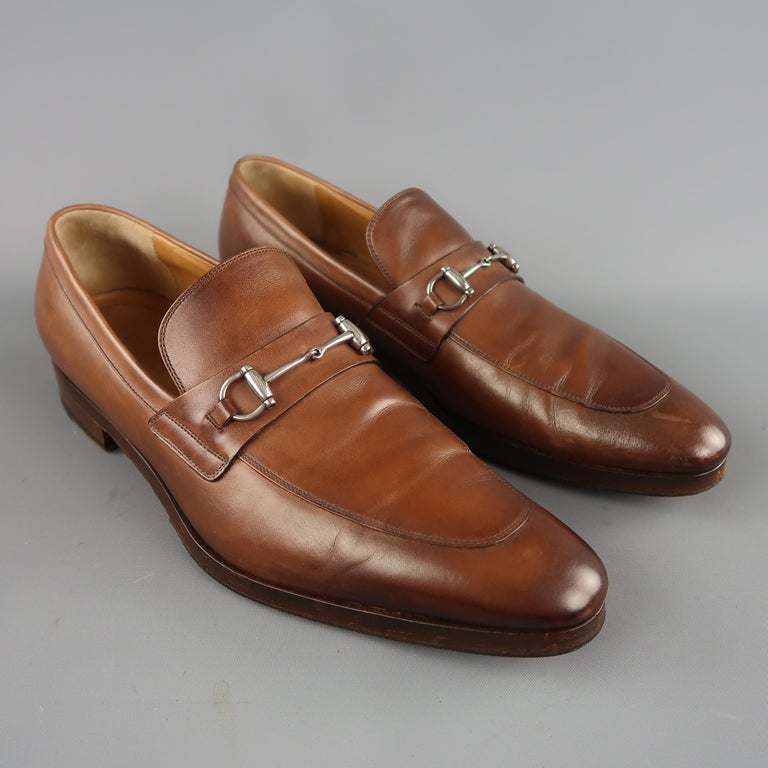 Men's GUCCI Size 11 Tan Antique Leather Silver Horsebit Pointed Toe
