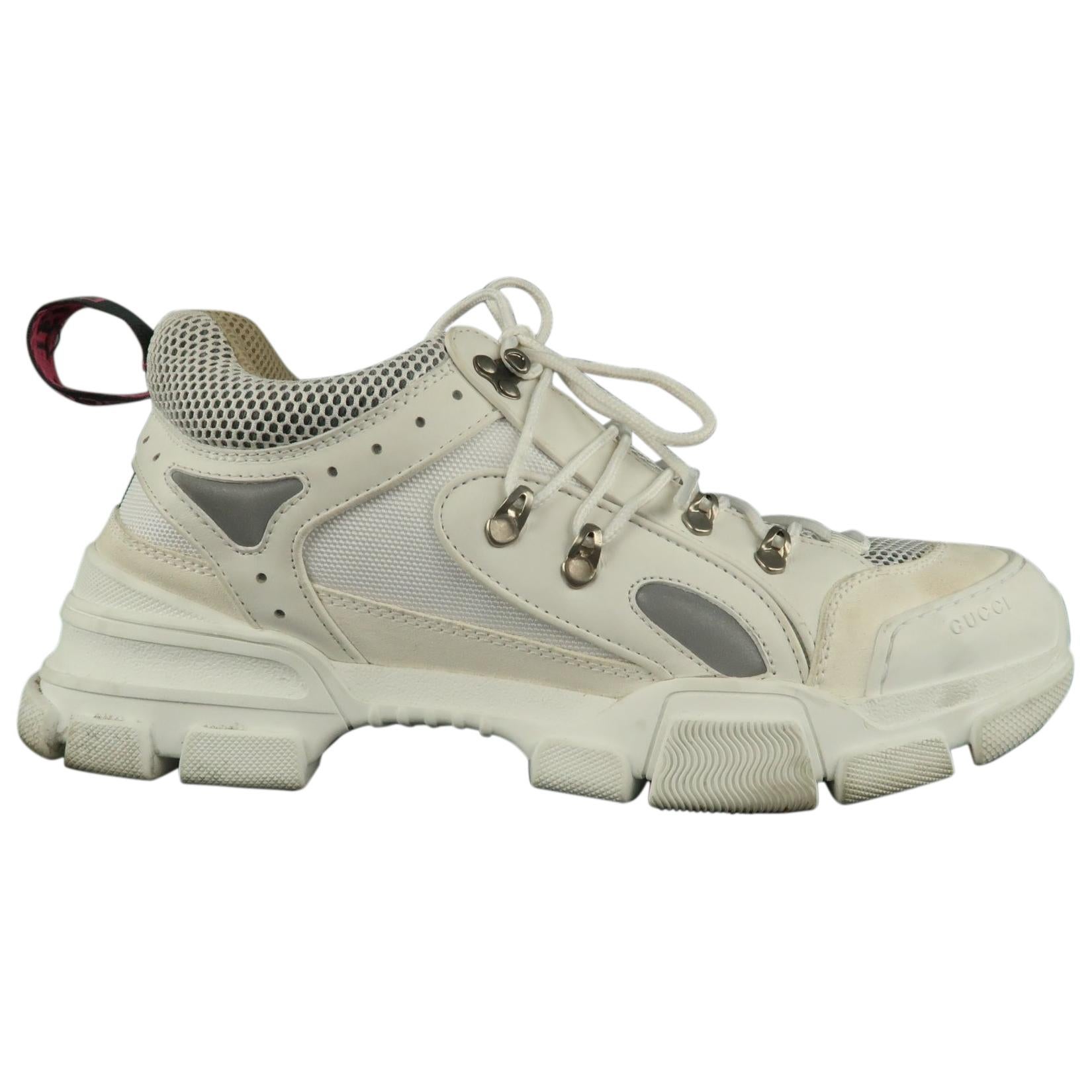 Men
s GUCCI Size 12 White Mixed Materials Nylon Lace Up  Flashtrek Sneakers