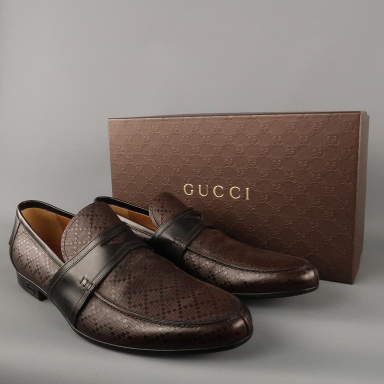 Men's GUCCI Size 13 Brown Textured Leather Slip On Loafers at 1stDibs