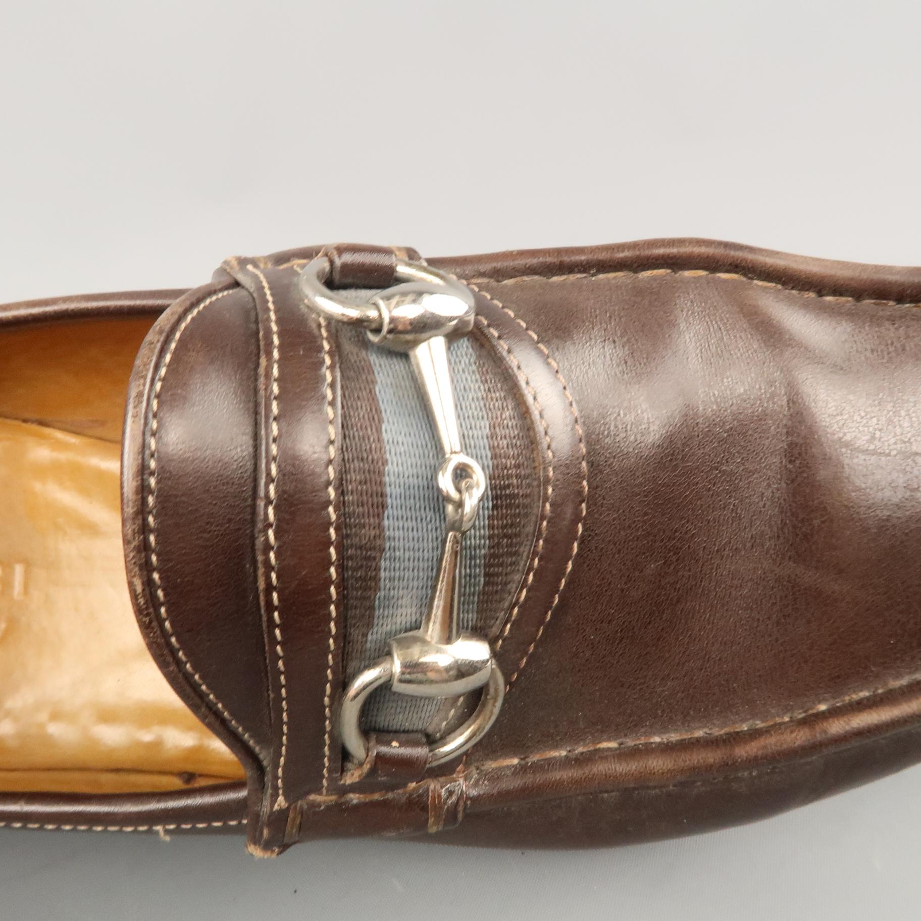 Men's GUCCI Size 9 Brown Leather Blue Webbing Stripe Horsebit Penny Loafers 2
