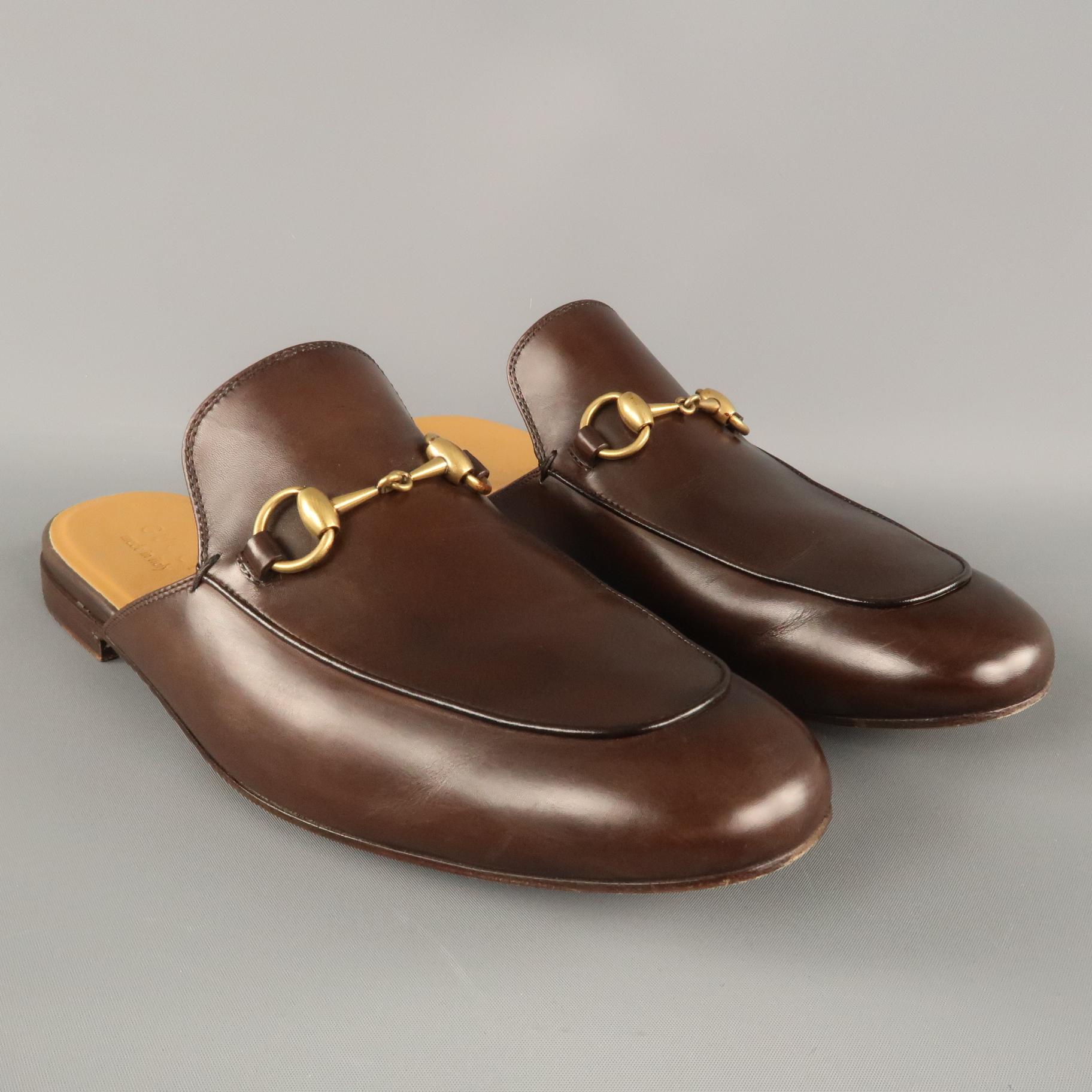 GUCCI Princetown Mule Slipper Shoes comes in a brown tone in a polished leather material, with a symbolic Gucci Horsebit at front, a rounded toe and a leather outsole. With Box. Made in Italy.

Excellent Pre-Owned Condition.
Marked: 426219 UK