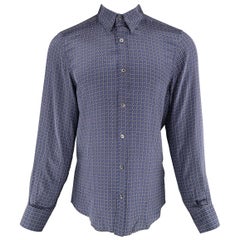 Men's GUCCI Size M Navy & Gray Horsebit Print Silk Long Sleeve Shirt