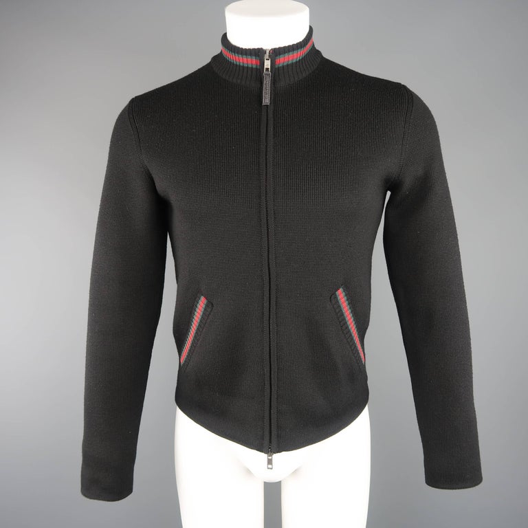 Gucci Men's Black Wool Red and Green Stripe Zip Cardigan at 1stDibs