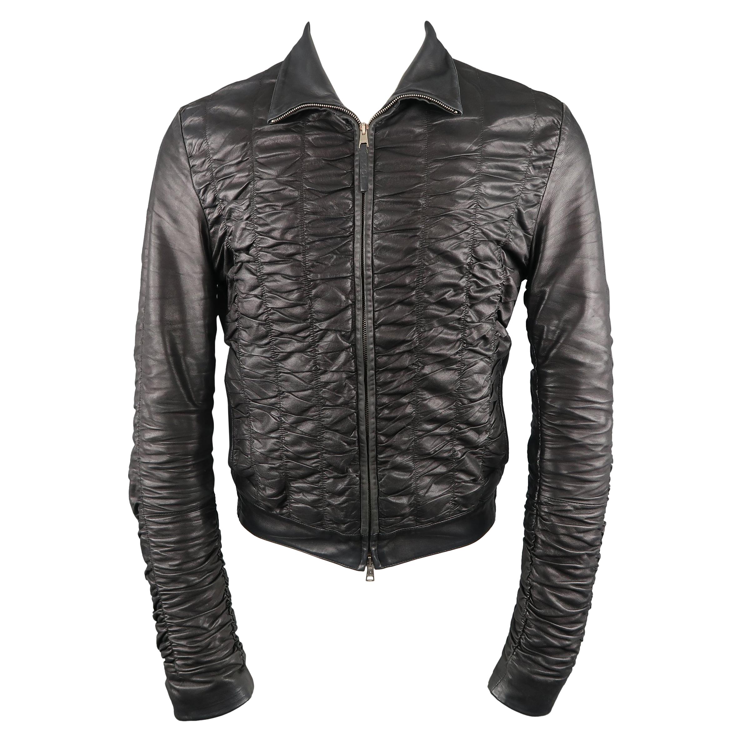 Men's GUCCI SS 2000 by TOM FORD 36 Black Ruched Leather Bomber Motorcycle Jacket