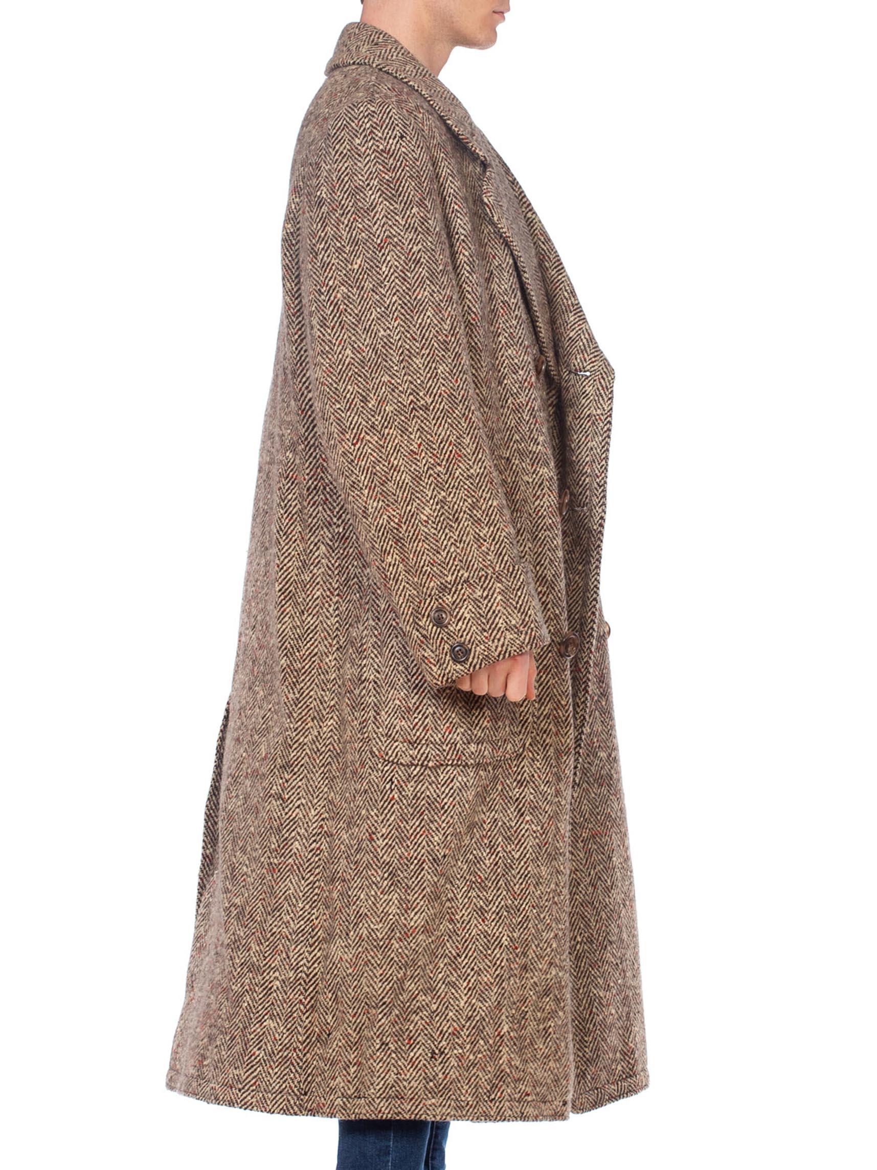 Brown Mens Hand Woven Harris Tweed Overcoat, 1920's Style From 1960's