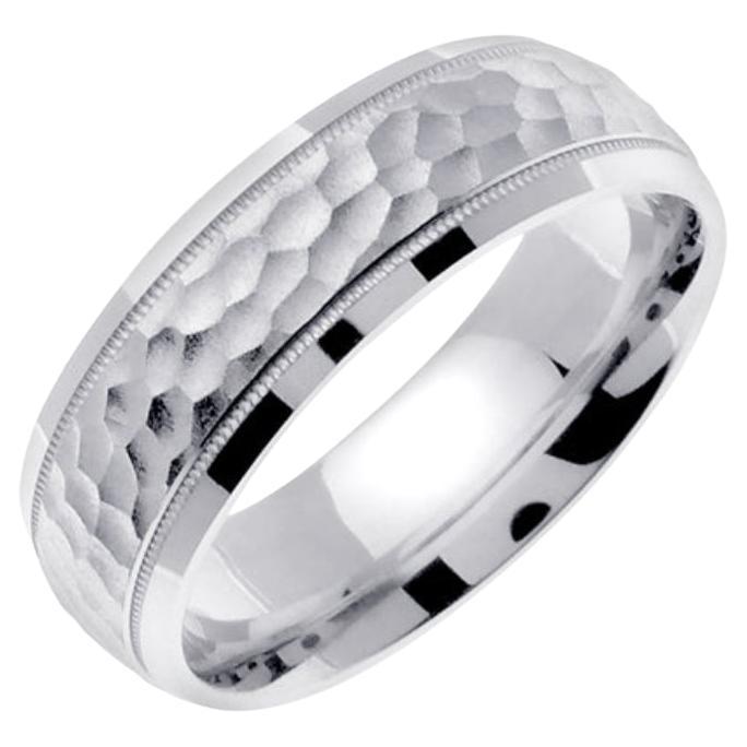 Men
s Handmade Hammered Finish Wedding Band in 18k White Gold 7mm