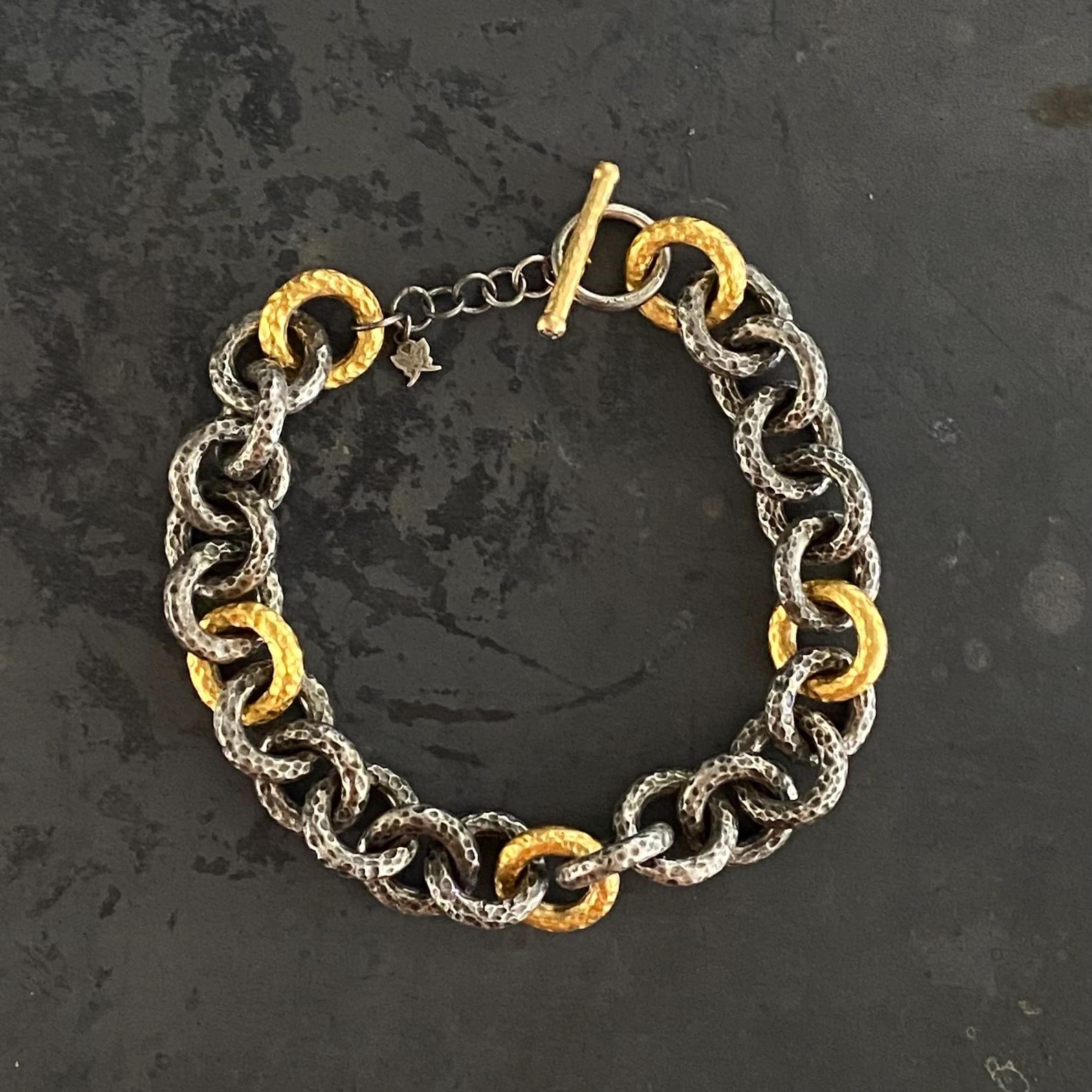Byzantine Mens Heavy Hammered Silver 24K Yellow Gold-Fused Large Link Bracelet & Diamonds For Sale