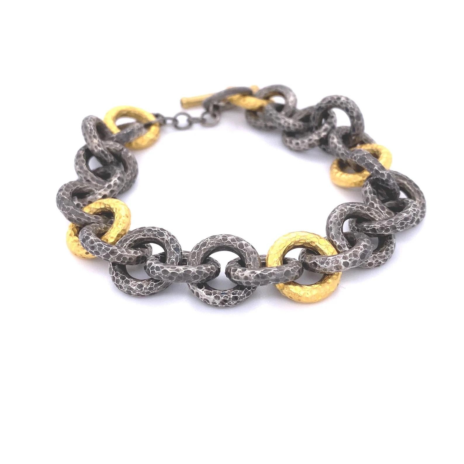 Round Cut Mens Heavy Hammered Silver 24K Yellow Gold-Fused Large Link Bracelet & Diamonds For Sale