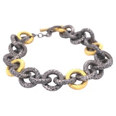 Mens Heavy Hammered Silver 24K Yellow Gold-Fused Large Link Bracelet & Diamonds