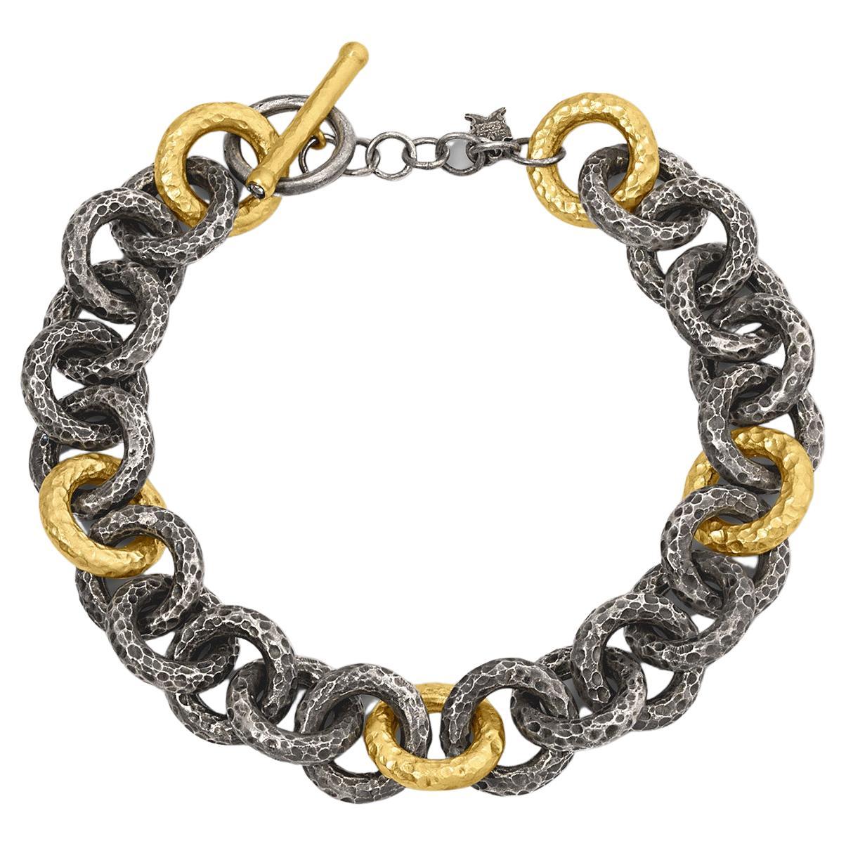 Mens Heavy Hammered Silver 24K Yellow Gold-Fused Large Link Bracelet & Diamonds For Sale