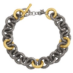 Used Mens Heavy Hammered Silver 24K Yellow Gold-Fused Large Link Bracelet & Diamonds