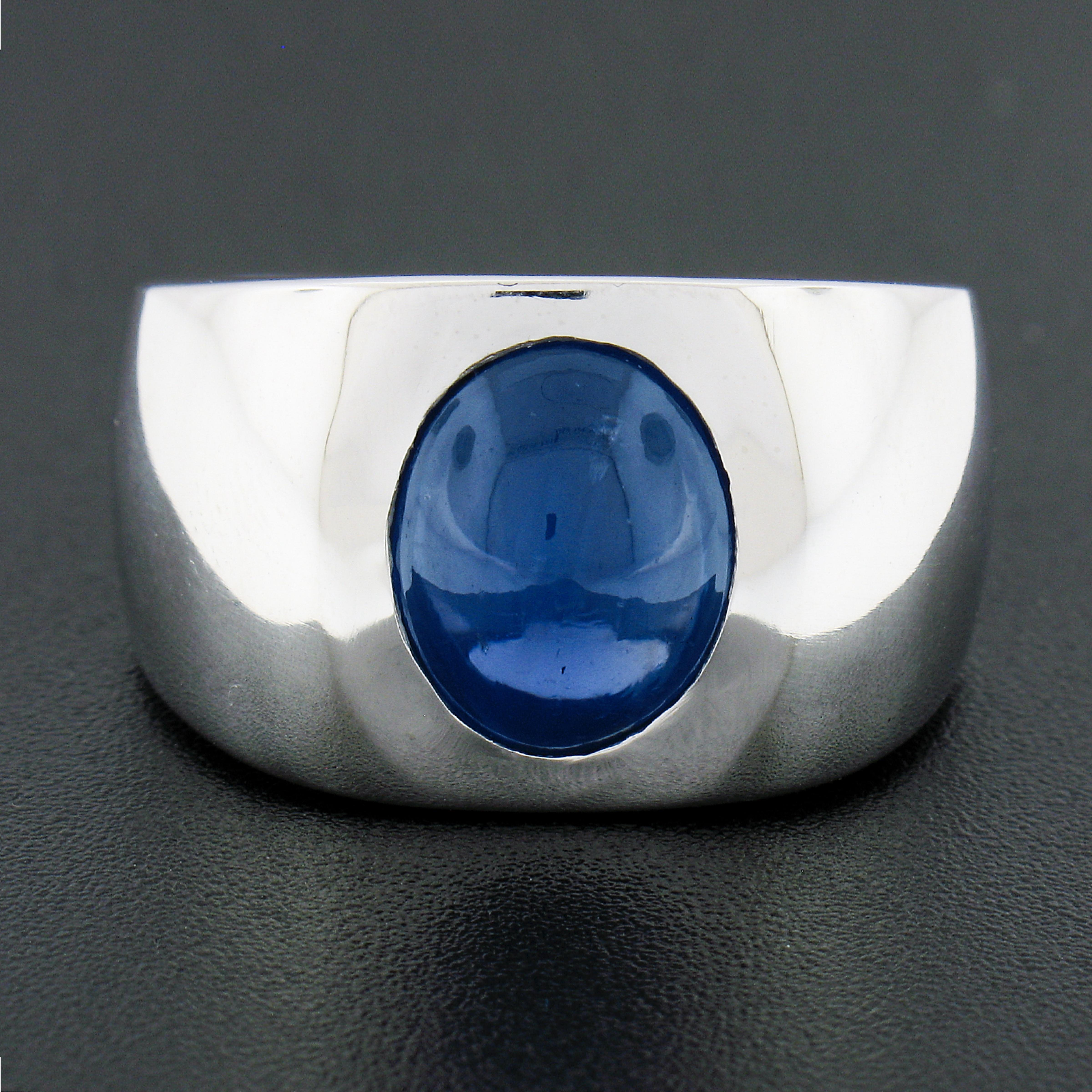Oval Cut Mens Heavy Platinum 9.01ct Gubelin Oval Cabochon Bezel No Heat Sapphire Ring For Sale