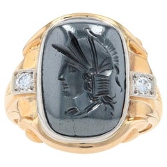 Vintage Men's Hematite & Diamond Ring, 10k Gold Intaglio Warrior Round Brilliant .20ctw