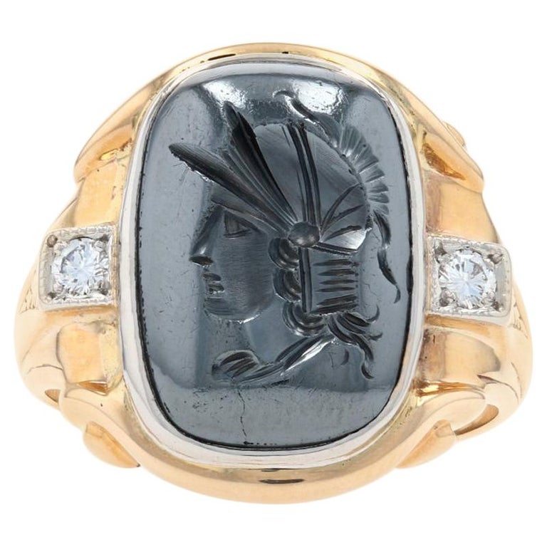 Men's Hematite and Diamond Ring, 10k Gold Intaglio Warrior Round ...