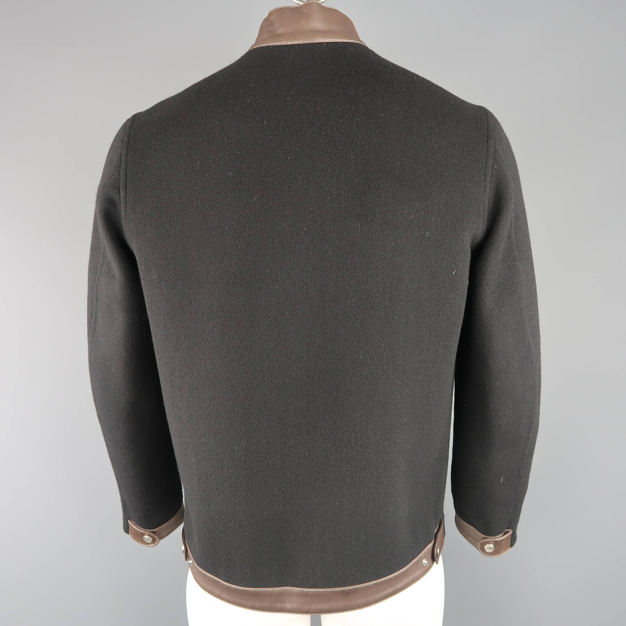 Hermes Men's Black Cashmere Leather Baseball Collar Jacket 5
