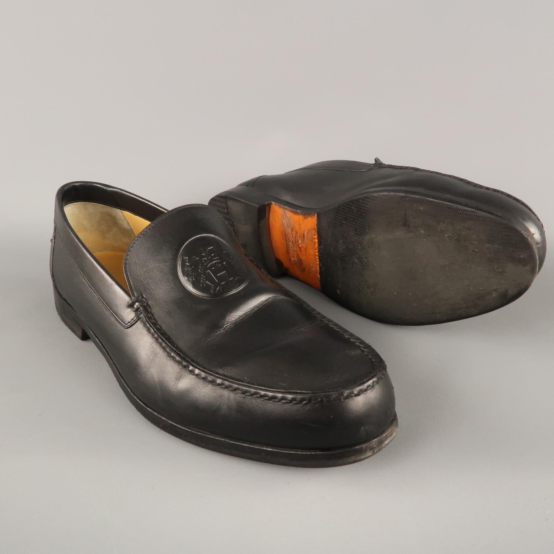 Men's HERMES Size 9.5 Black Leather Embossed Logo Slip On Loafers 1