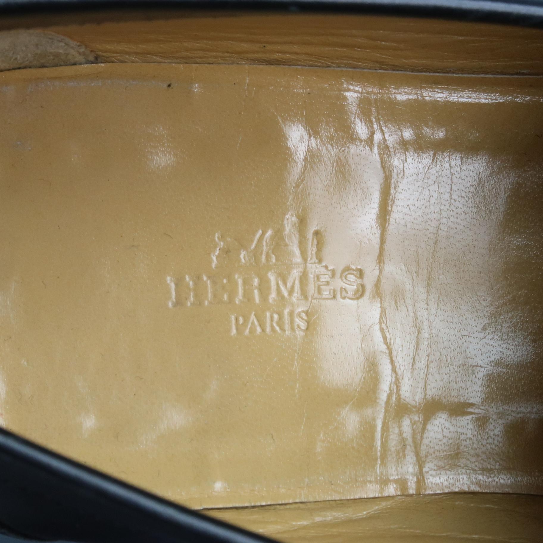 Men's HERMES Size 9.5 Black Leather Embossed Logo Slip On Loafers 4