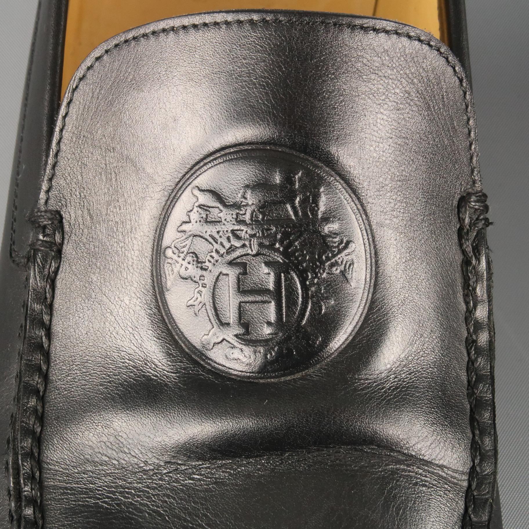 Men's HERMES Size 9.5 Black Leather Embossed Logo Slip On Loafers 5