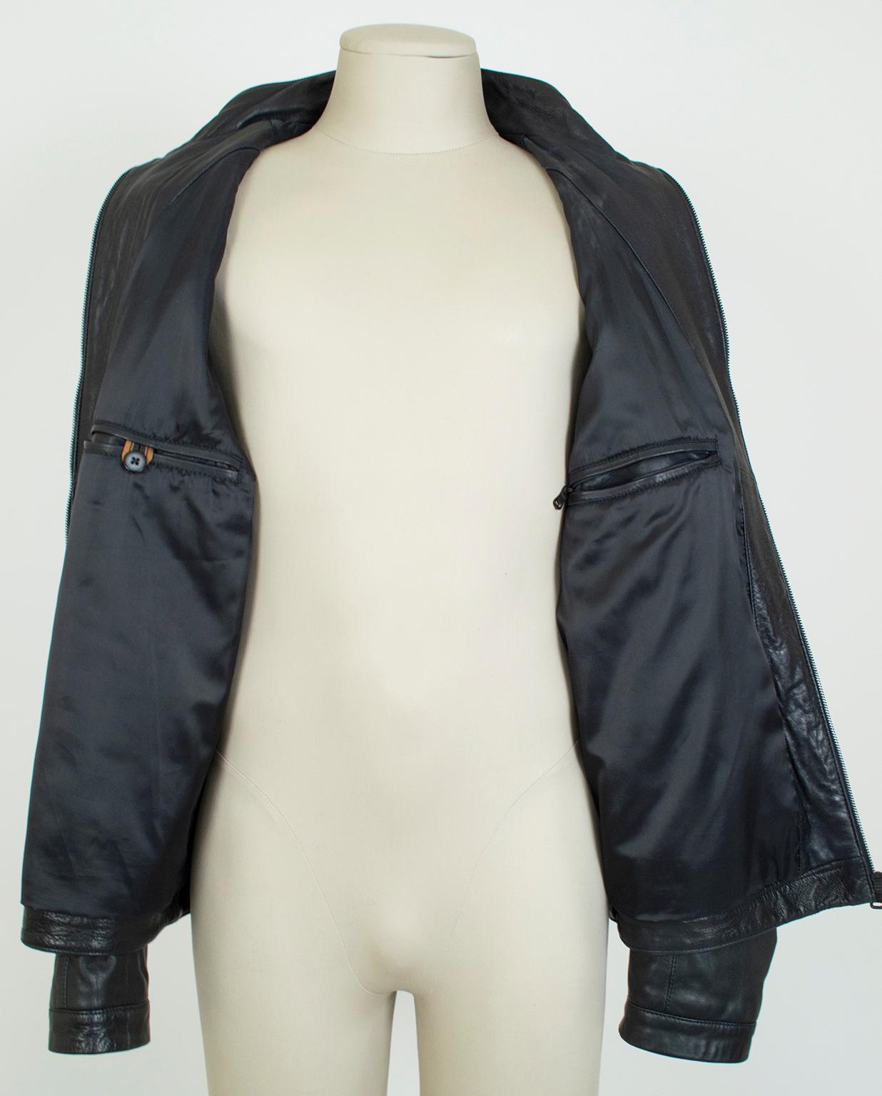 Men’s Hugo Boss *Large Size* Black Lambskin Leather Moto Jacket – XXL, 2012 For Sale 4