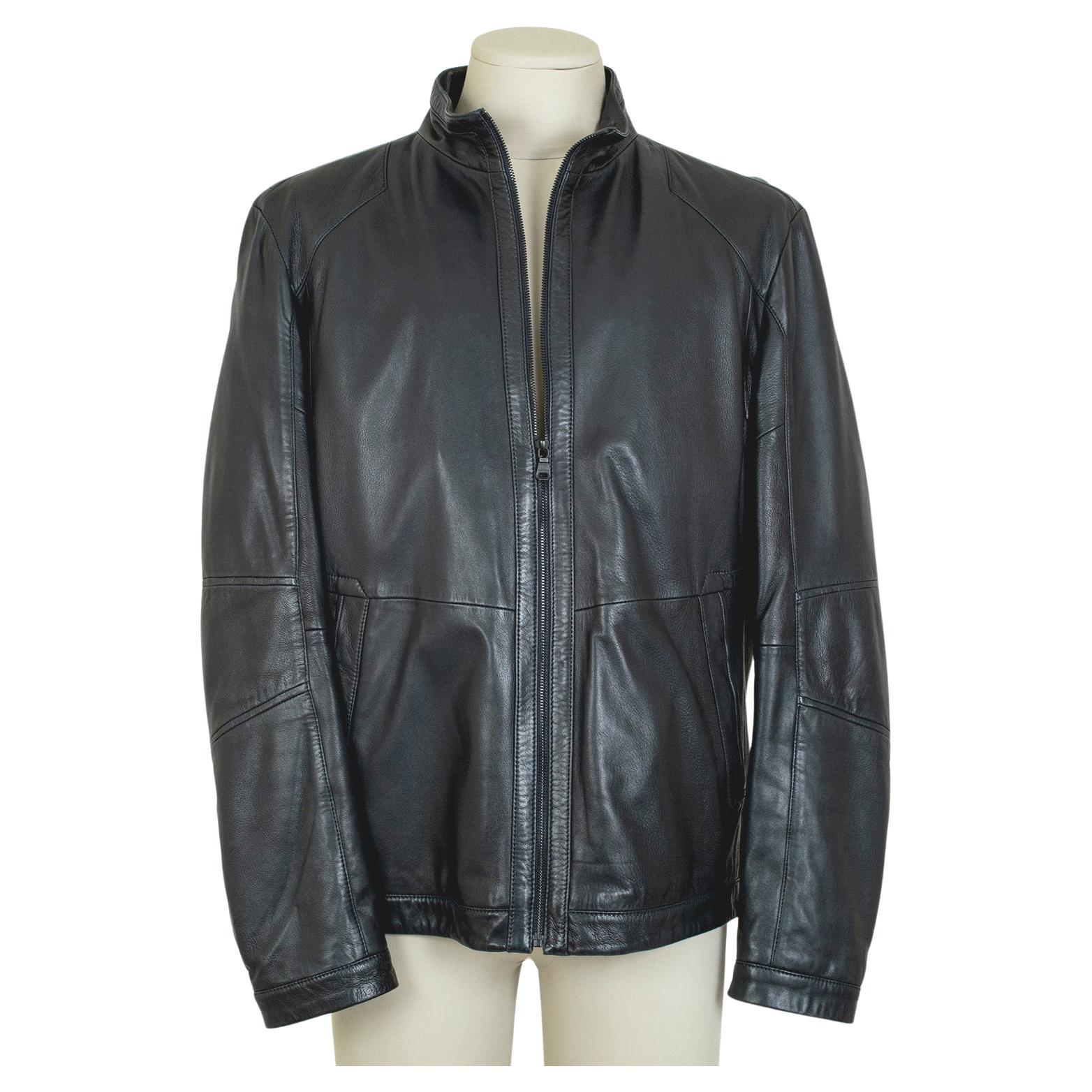 Men’s Hugo Boss *Large Size* Black Lambskin Leather Moto Jacket – XXL, 2012 For Sale