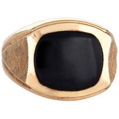 Men's Inlaid Onyx Ring Vintage 10 Karat Yellow Gold Estate Fine Jewelry