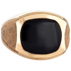 Men's Inlaid Onyx Ring Vintage 10 Karat Yellow Gold Estate Fine Jewelry