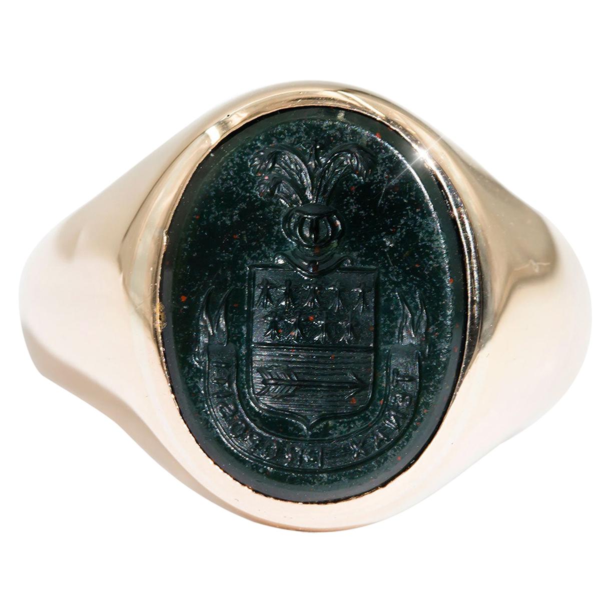 Mens Intaglio Bloodstone 9 Carat Yellow Gold Vintage Ring at