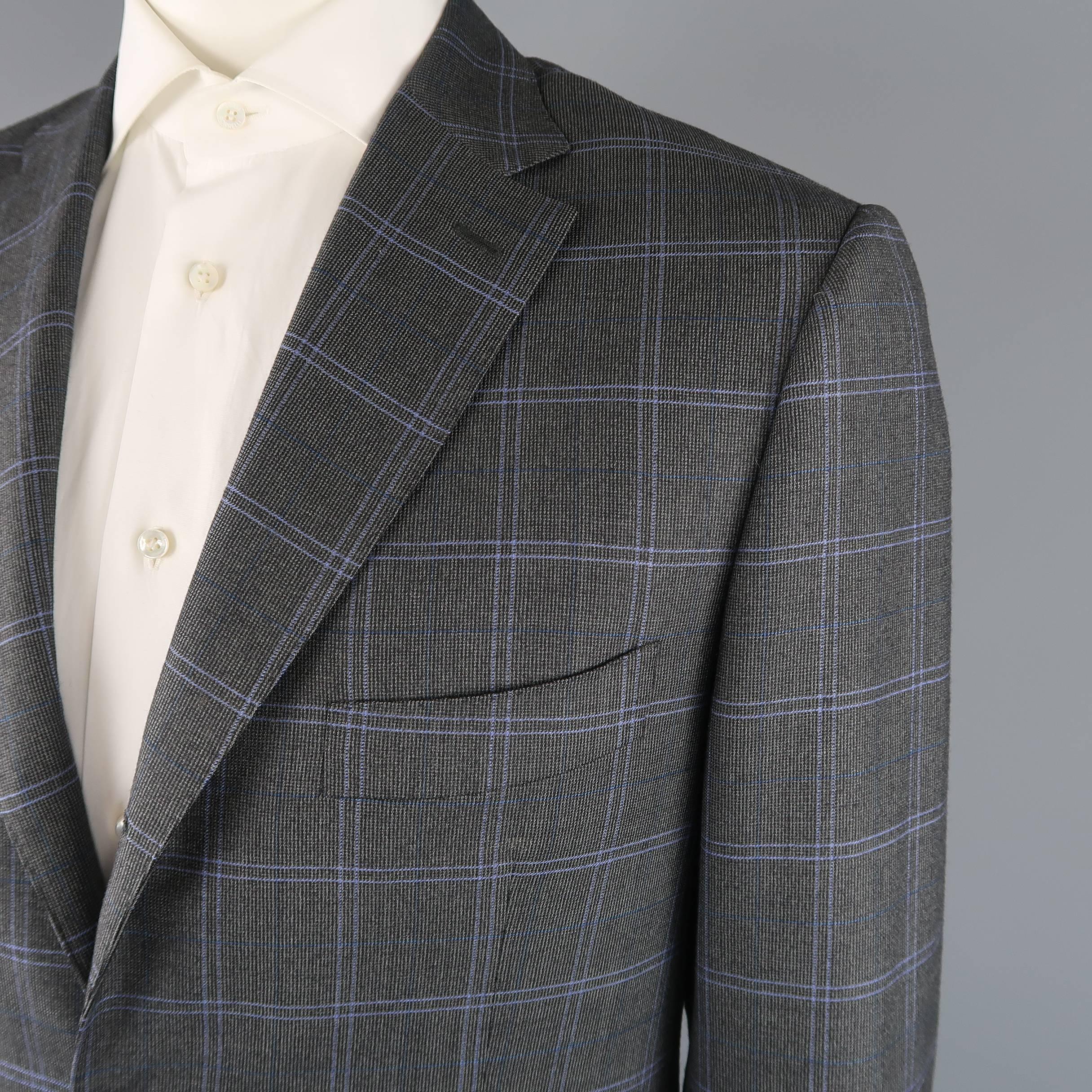 Gray Men's ISAIA 42 Regular Charcoal & Blue Window Pane Wool Notch Lapel Suit
