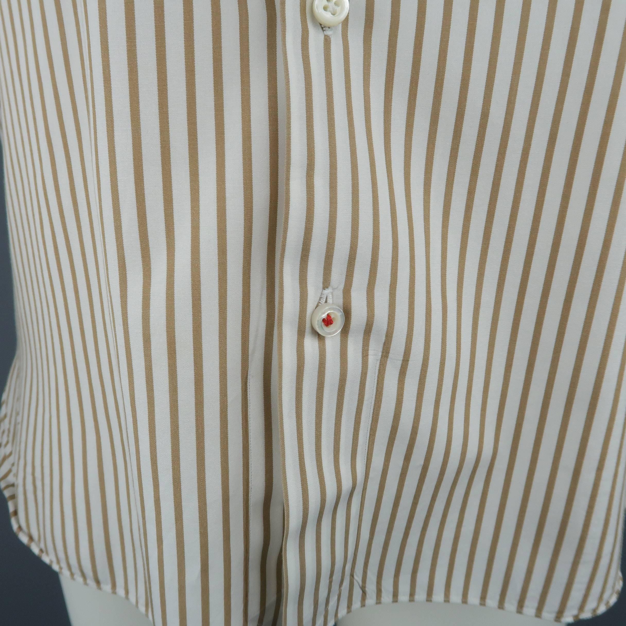 Beige Men's ISAIA Size M White & Tan Stripe Cotton Long Sleeve Shirt