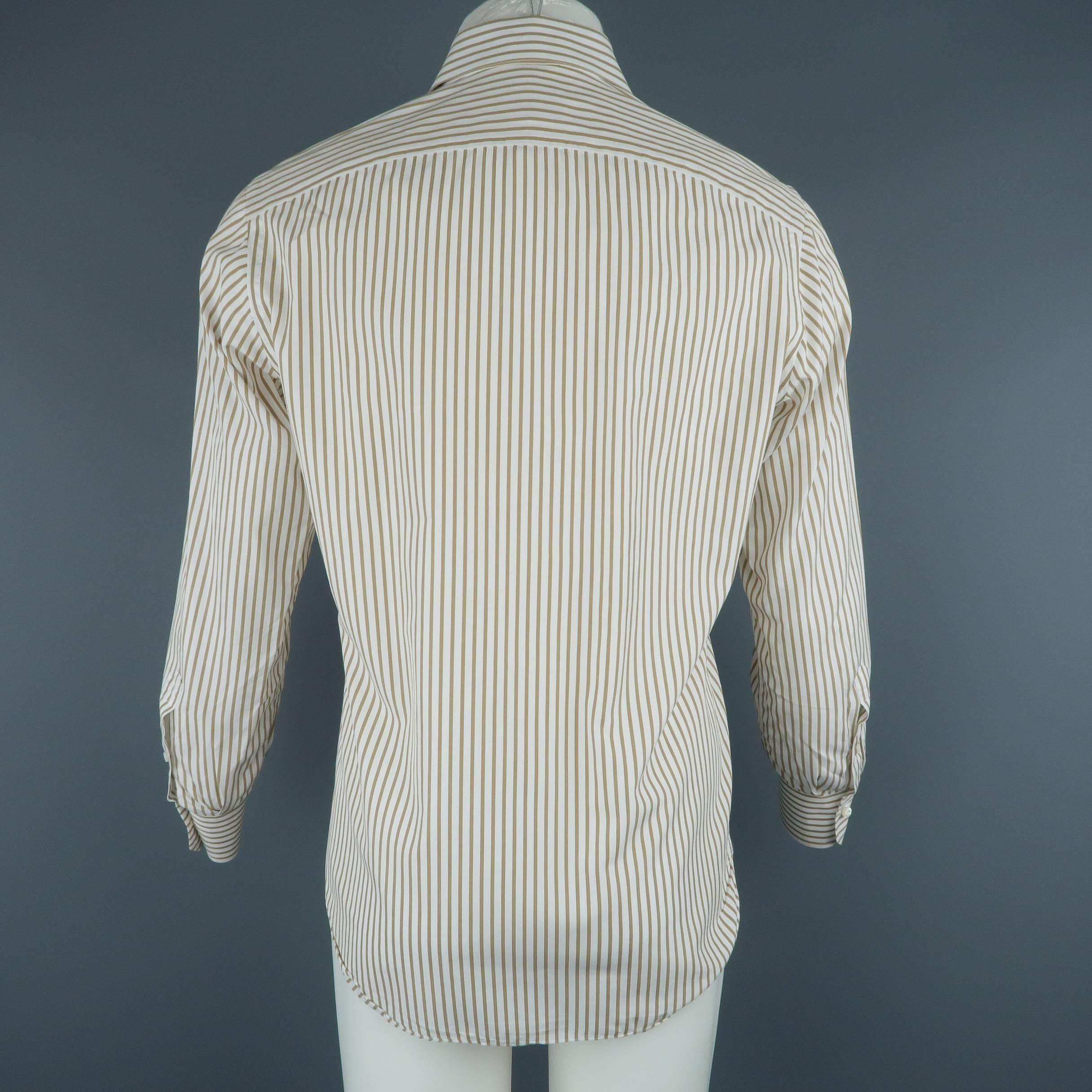 Men's ISAIA Size M White & Tan Stripe Cotton Long Sleeve Shirt In Good Condition In San Francisco, CA