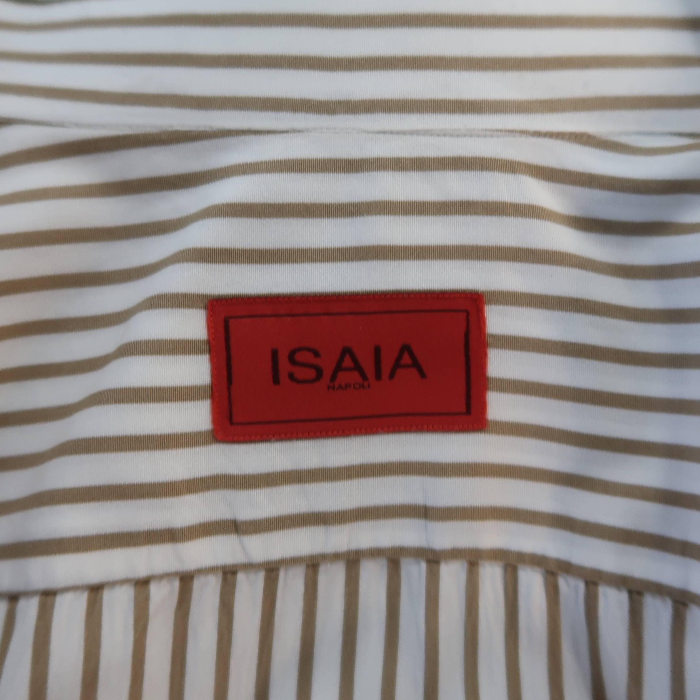 Men's ISAIA Size M White & Tan Stripe Cotton Long Sleeve Shirt 1