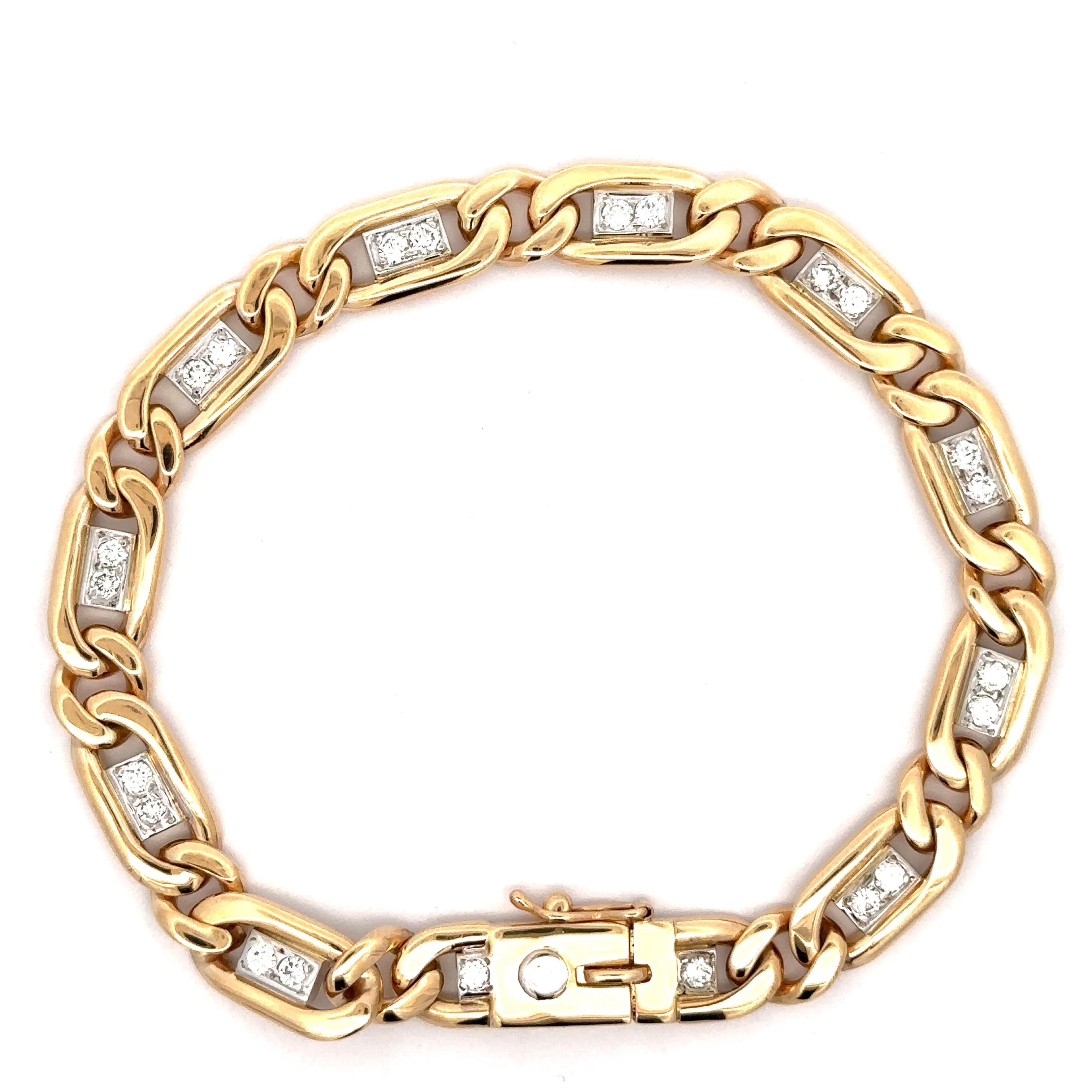 Bracelet italien à maillons ouverts en or bicolore 14 carats avec diamants 0,85 carat en vente 1