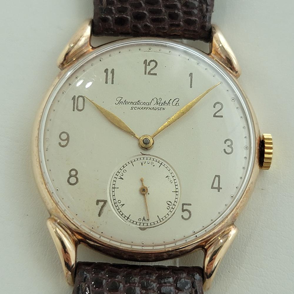 Timeless luxury, Men's 14k solid rose gold IWC Schaffhausen Calatrava C83 manual wind dress watch, c.1940s, in excellent working condition. Verified authentic by a master watchmaker. Gorgeous, IWC Schaffhausen signed dial, Arabic numeral hour