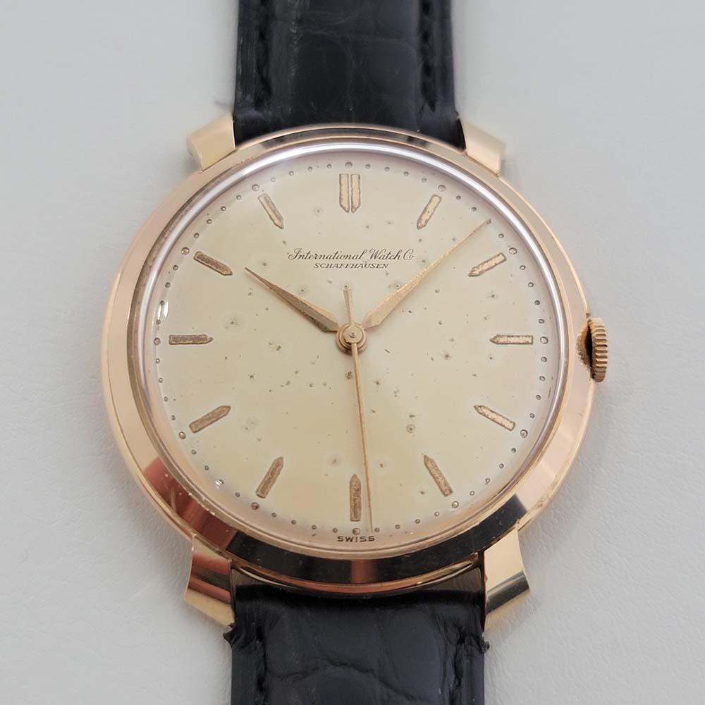  Timeless luxury, Men's large size IWC Schaffhausen solid 18k rose gold dress watch, c.1960s, unrefurbished. Verified authentic by a master watchmaker. Gorgeous, untouched IWC tropical dial, applied dagger hour markers, minute and hour hands,