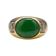 Men's Jade and Diamond Ring circa 1980s Certified Untreated