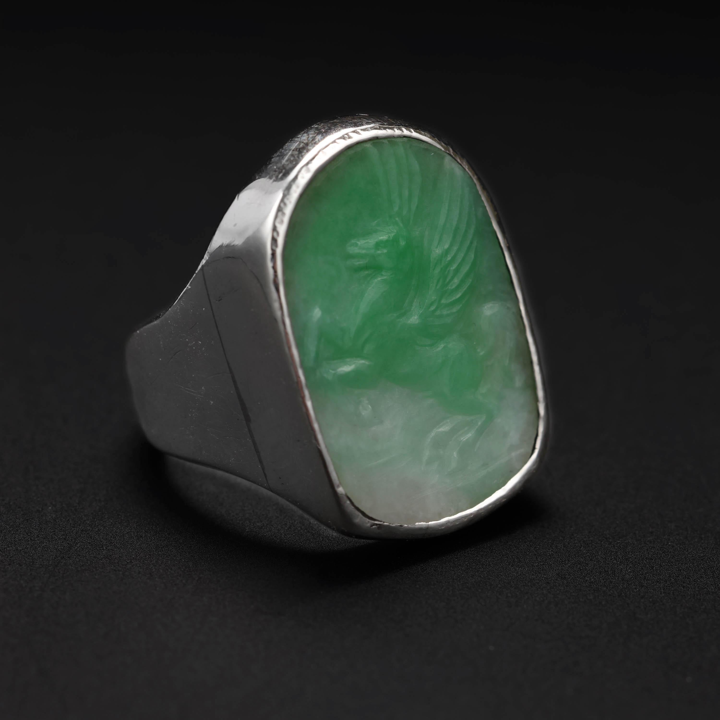 Artisan Men's Jade Ring Carved Pegasus Midcentury Certified Untreated Size 10 For Sale