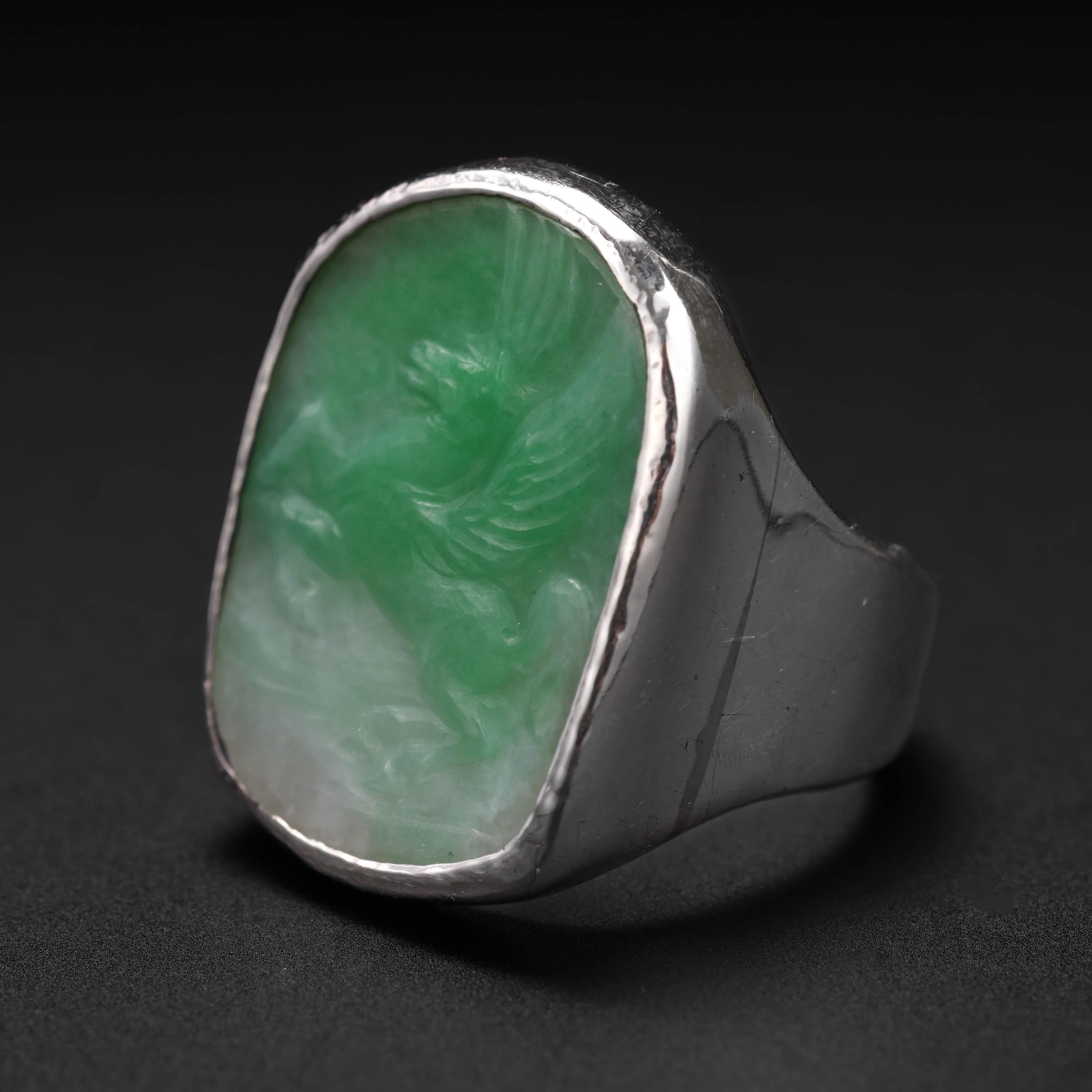 Women's or Men's Men's Jade Ring Carved Pegasus Midcentury Certified Untreated Size 10 For Sale