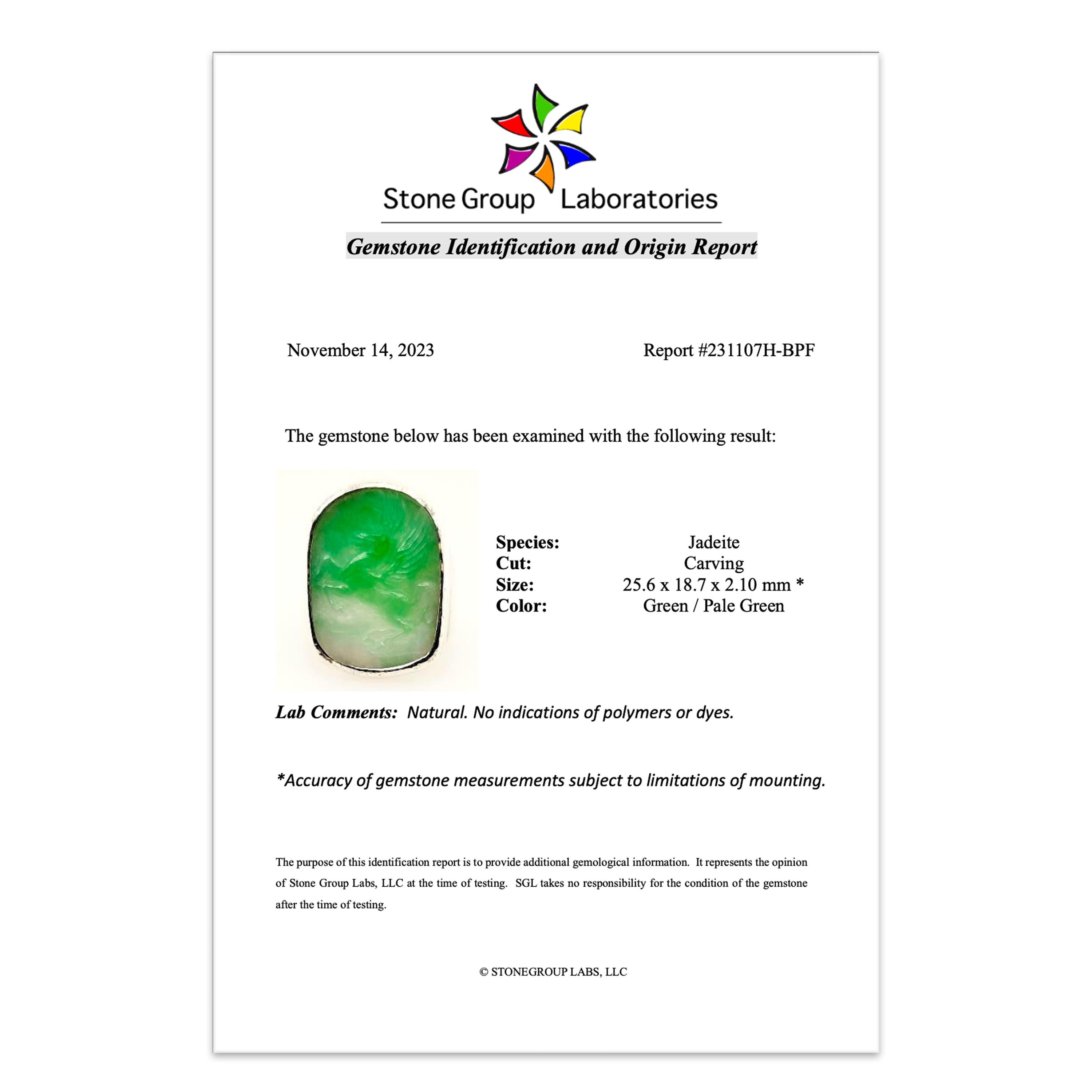 Bague homme en jade sculpté Pegasus Midcentury Certifié non traité Taille 10 en vente 2