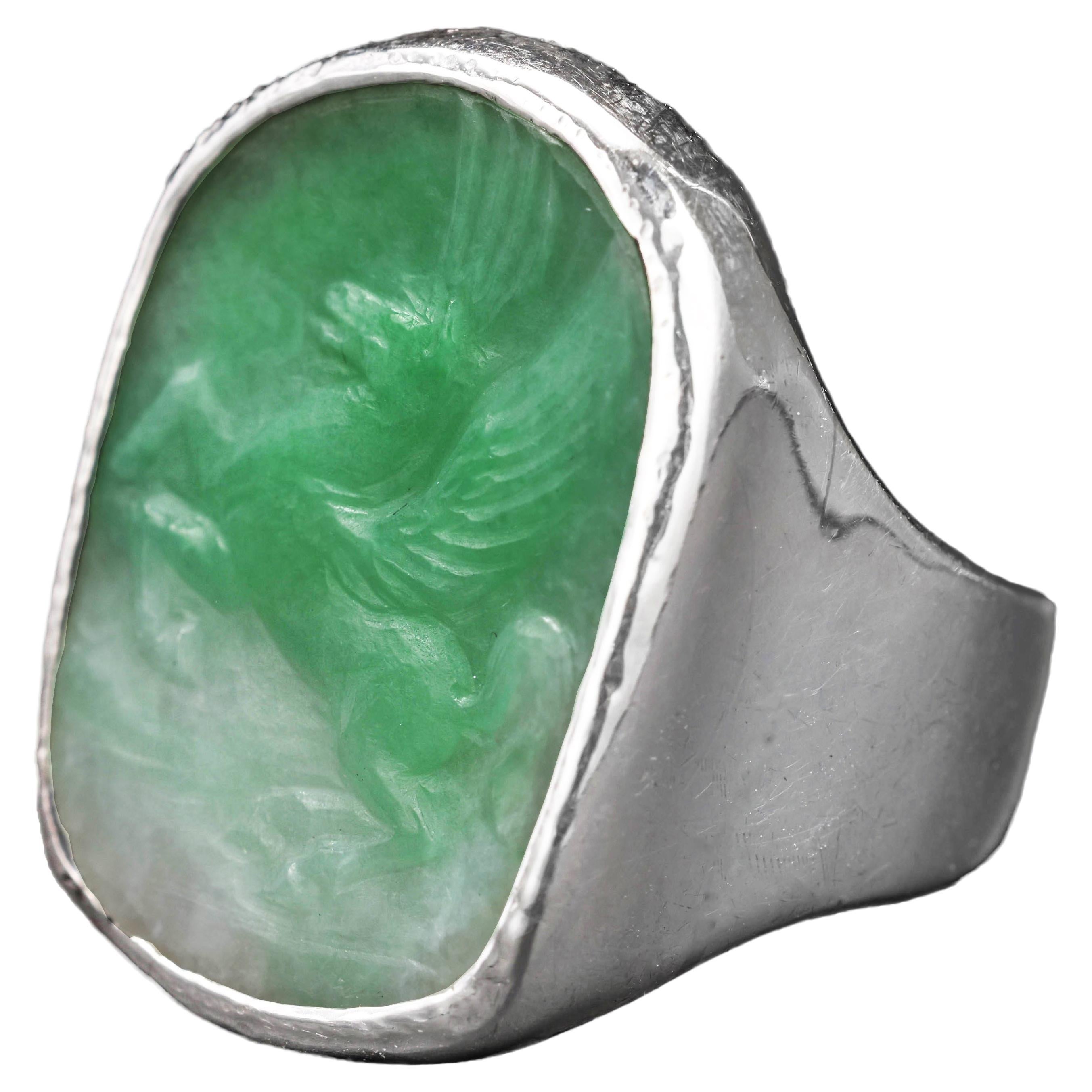 Men's Jade Ring Carved Pegasus Midcentury Certified Untreated Size 10 For Sale