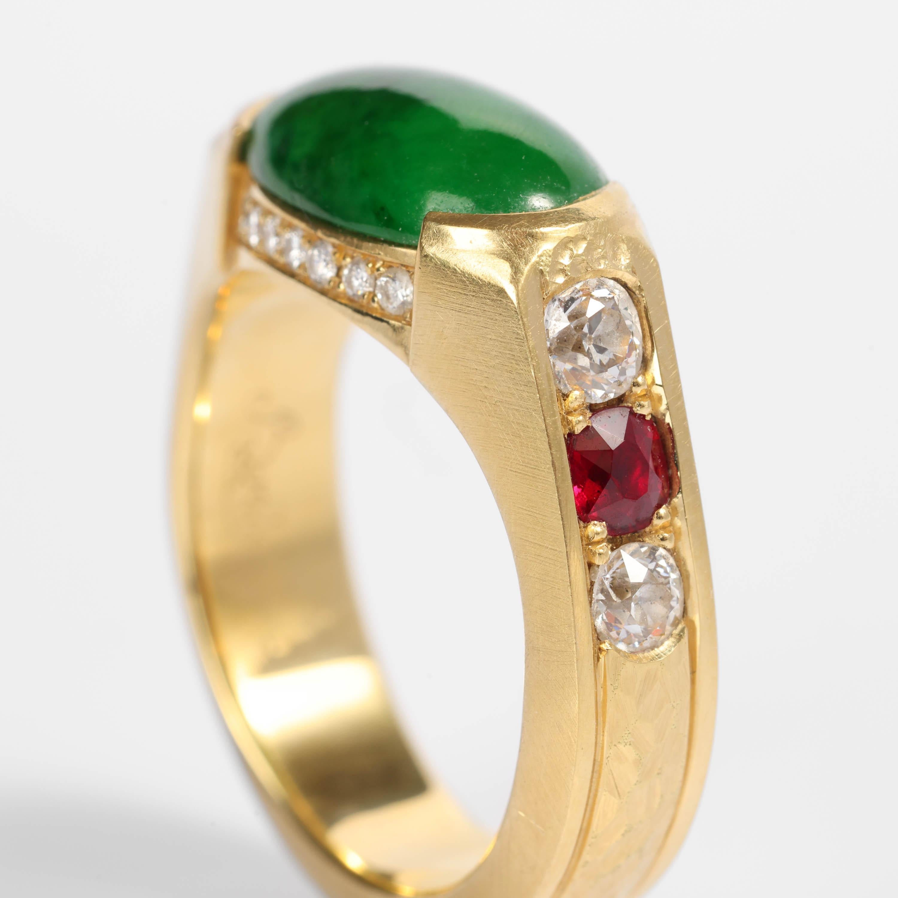Men's Jade Ring with Rubies, Diamonds, Custom, 18k, Certified Untreated For Sale 3