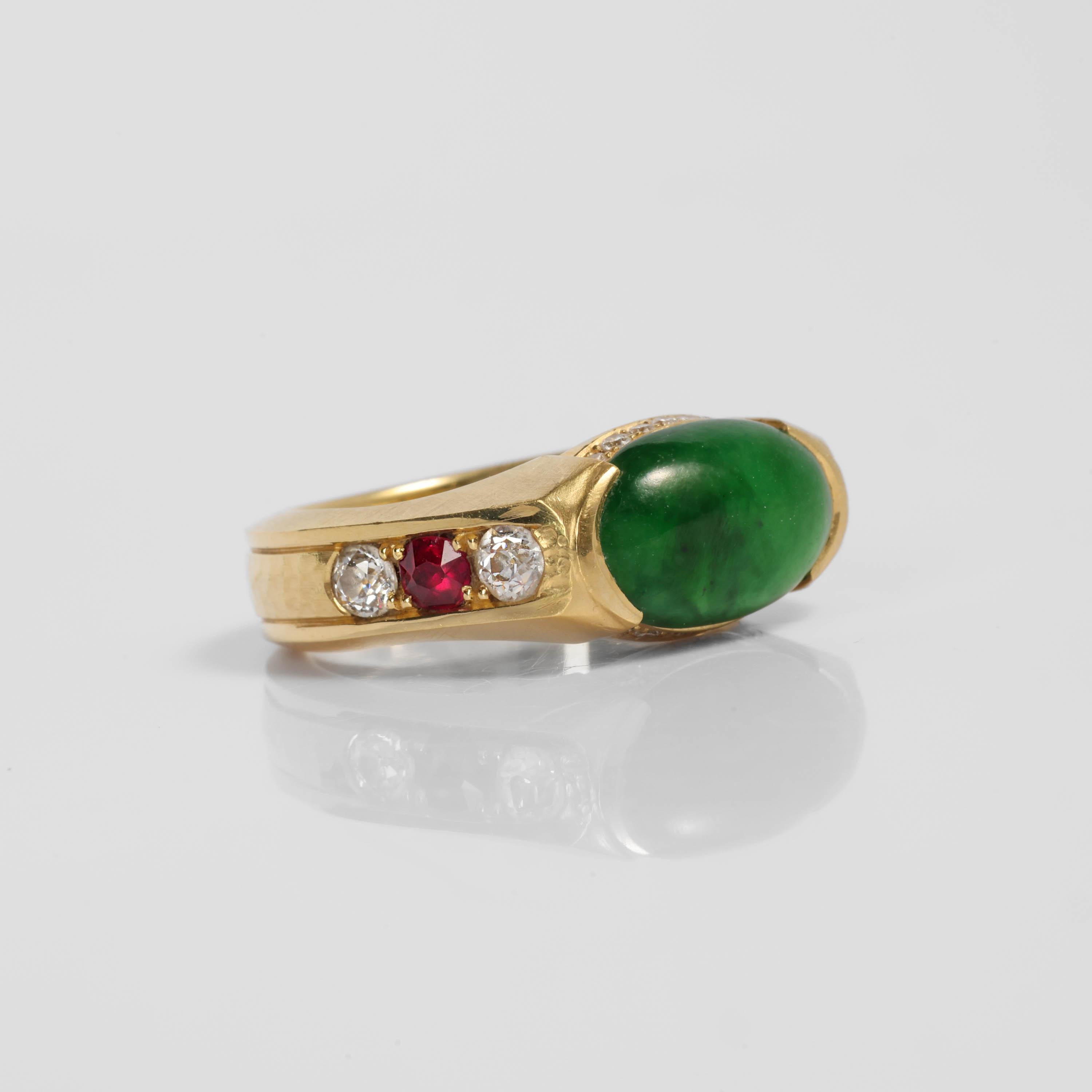 Artisan Men's Jade Ring with Rubies, Diamonds, Custom, 18k, Certified Untreated For Sale