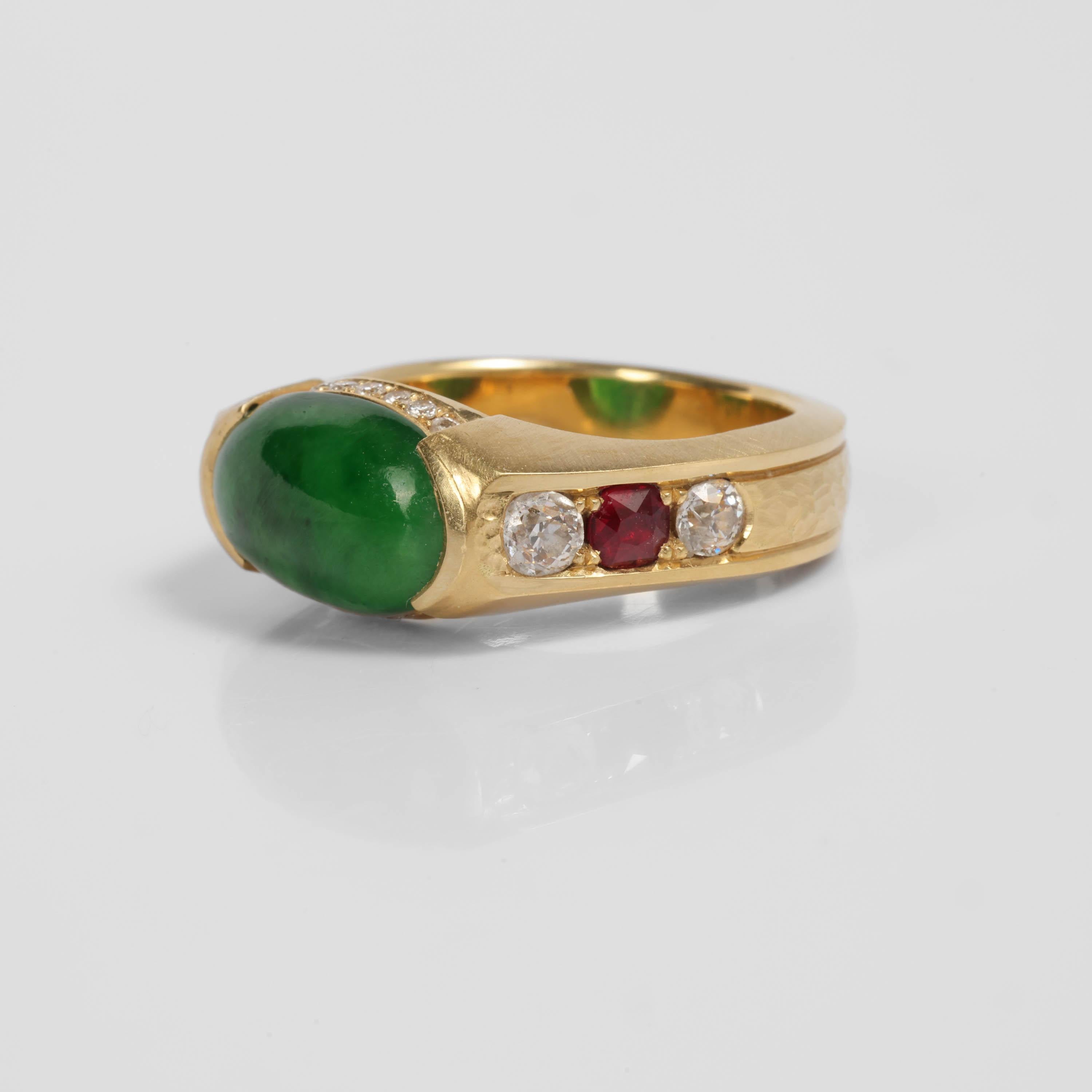Jadeite Jade Ring Emerald Green, Rubies, Diamonds, 18k, Certified Untreated For Sale 1