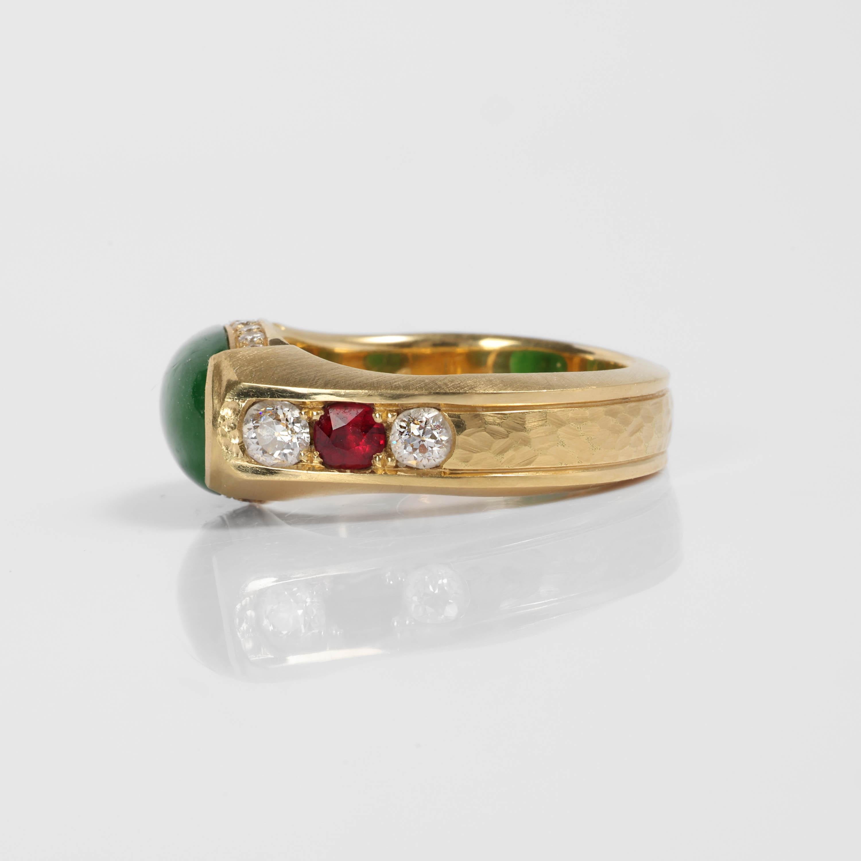 Jadeite Jade Ring Emerald Green, Rubies, Diamonds, 18k, Certified Untreated For Sale 2