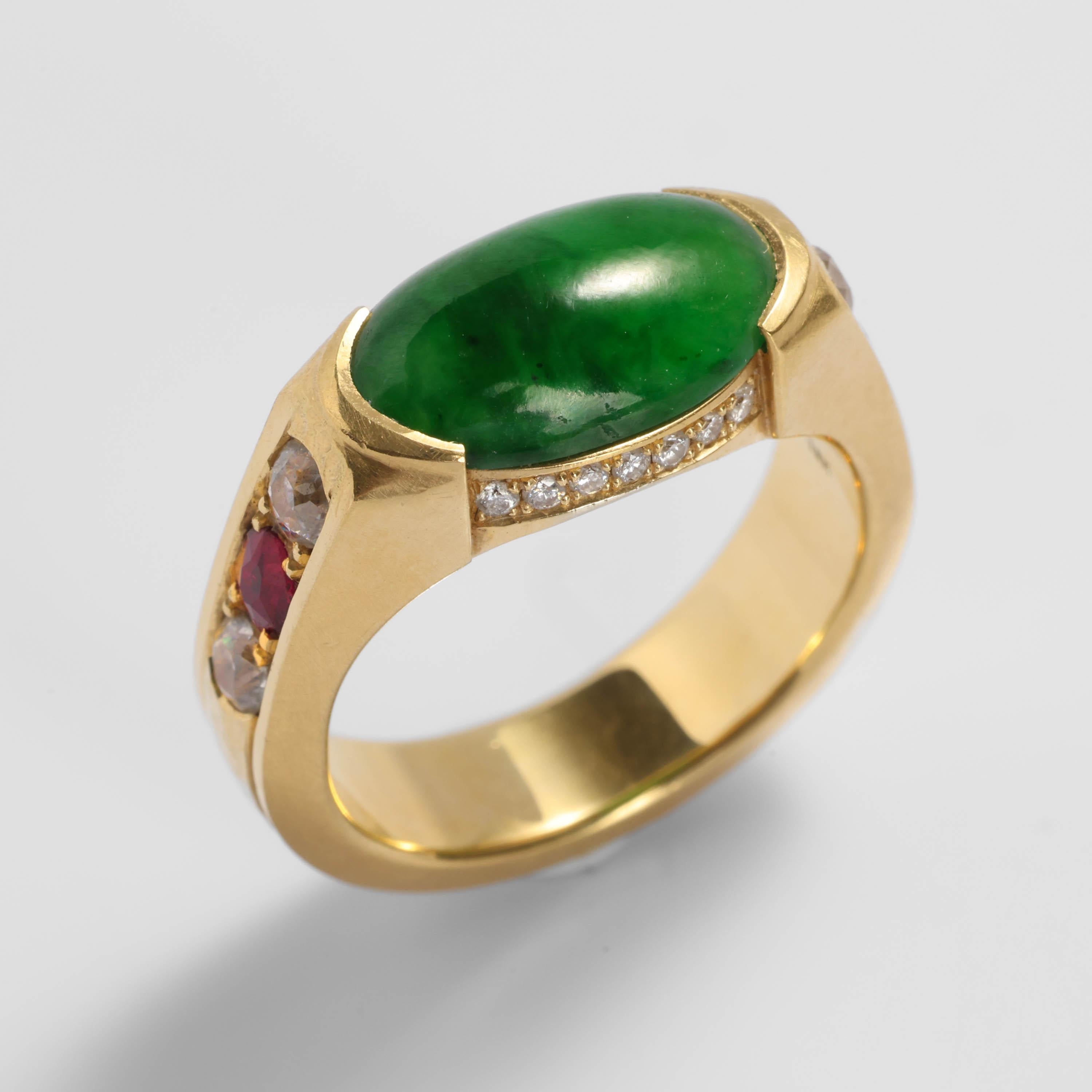 Jadeite Jade Ring Emerald Green, Rubies, Diamonds, 18k, Certified Untreated For Sale 3