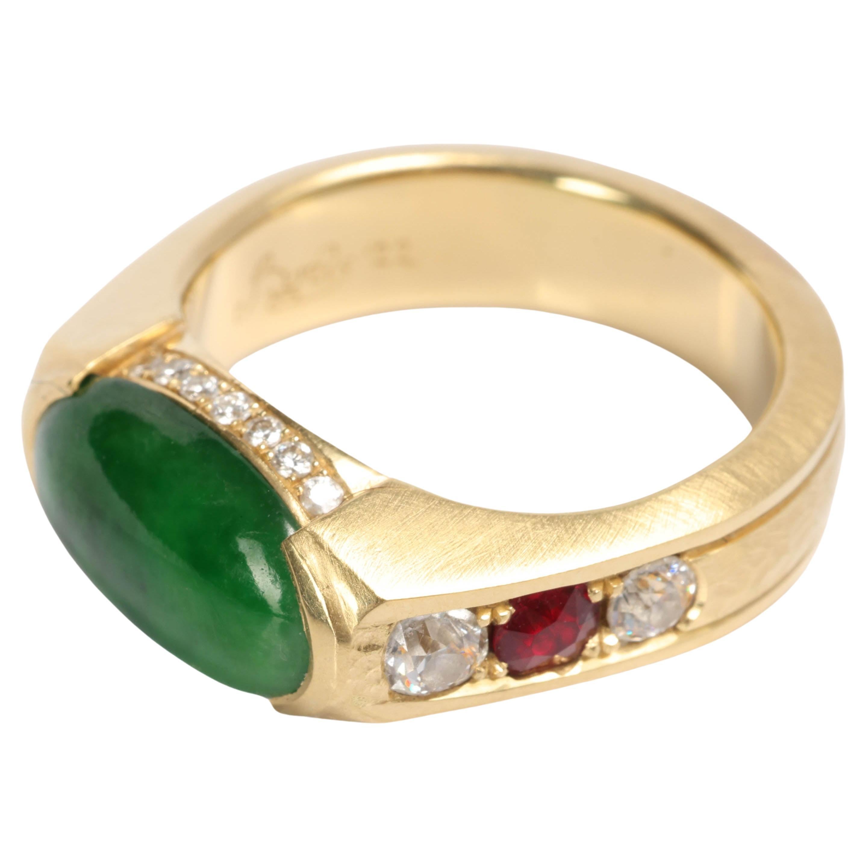 Men's Jade Ring with Rubies, Diamonds, Custom, 18k, Certified Untreated For Sale