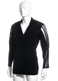 Men's Jean Paul Gaultier black wool blazer jacket with caged sleeves, ss 1989